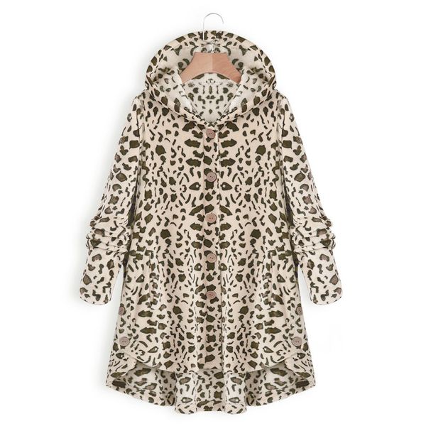 

2019 new arrival coat women casual outwear loose button single-breasted fleece hooded leopard coat female, Black;brown