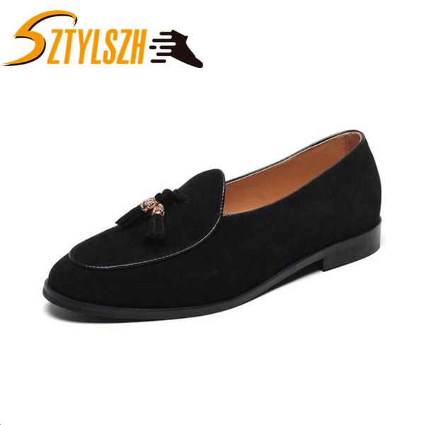 

italian style men's suede leather loafers tassel casual shoes designer scrub slip on wedding footwear classic fashion man flats, Black