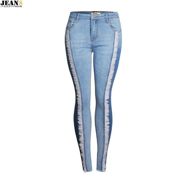 

new arrived plus size tassel jeans woman stretchy patchwork denim skinny pencil pants trousers for women, Blue