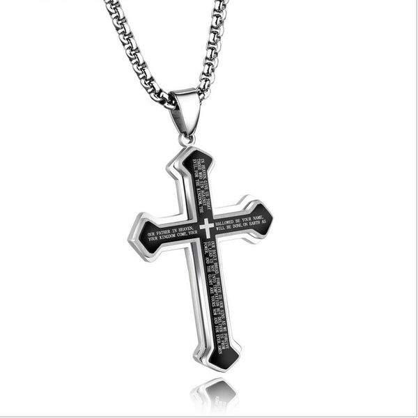 

hip hop men's black silver stainless steel bible cross titanium steel pendant necklace box chain gift