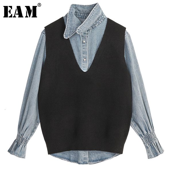 

eam] women blue denim split joint knitting blouse new lapel long sleeve loose fit shirt fashion tide spring autumn 2019 1k761, White