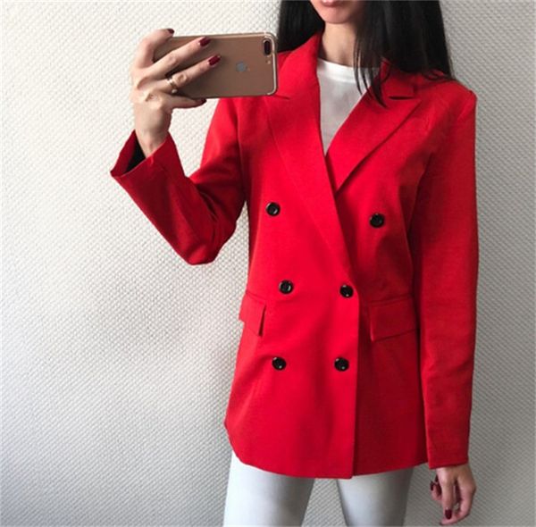 

2019 new women's long loose suit red suit double-breasted woman blazer, White;black