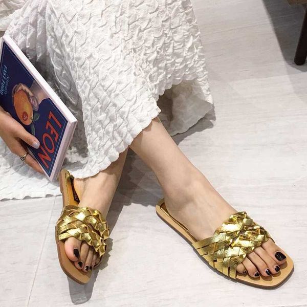 

2020 new brand women slipper fashion weave slip on slides open toe flat casual flip flops summer outdoor beach slippers slide, Black