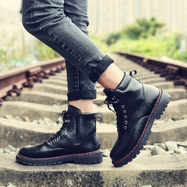 

new leather men's boots winter autumn snow boots winter fur waterproof ankle outdoor work, Black