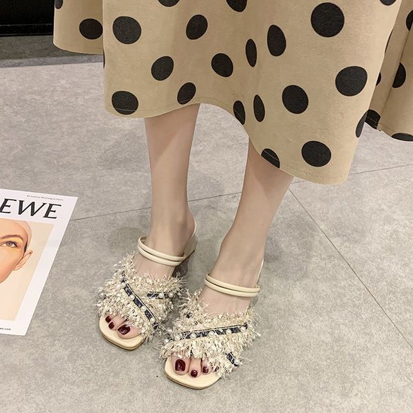 

furry high heel slippers sandals women beige pink open toe thick heel sandals summer fashion square slippers women 2020, Black