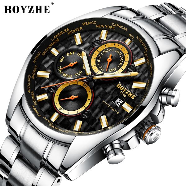 

fashion brand boyzhe men automatic mechanical watches sports stainless steel racing luminous waterproof watch relogio masculino, Slivery;brown