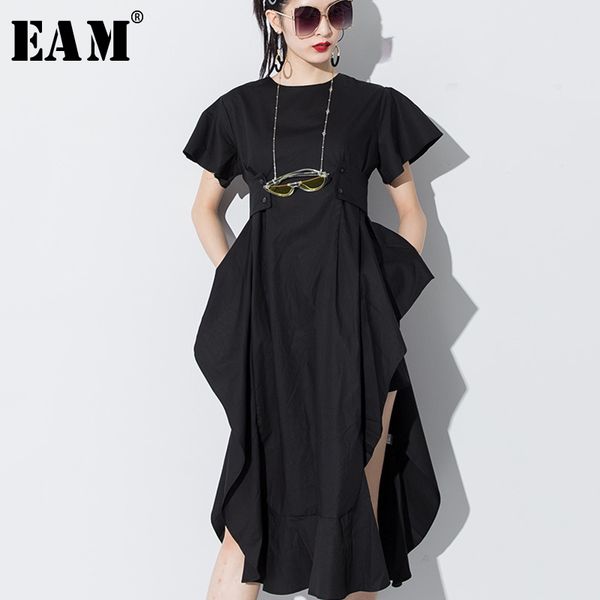 

eam] 2020 new spring summer round neck short sleeve black loose ruffles side vent loose temperament dress women fashion js568, White;black
