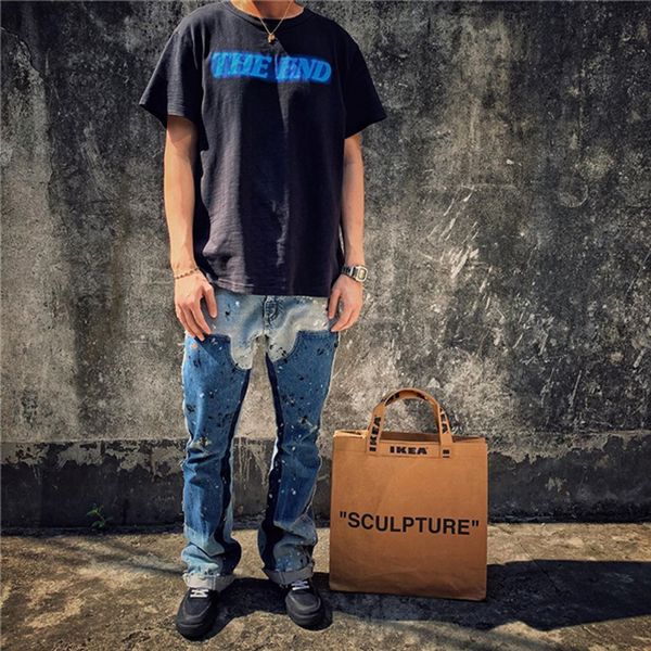 

мужские джинсы дизайнер flare галерея отдела весна лето чернила всплеск ретро высокой улице промытые джинсовые брюки проблемные свободные бр, Blue