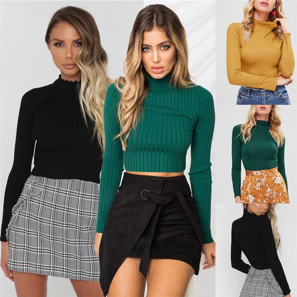 

женщины случайные тонкие твердые дамы хлопок ребристый черепаха высокий рулон шеи с длинным рукавом топ обычный размер пуловер полиэстер, White