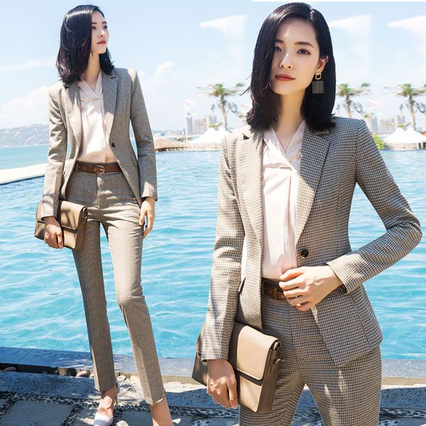 

new spring autumn women plaid pant suits professional pantsuits with jackets + pants office ladies business female trousers sets, White;black