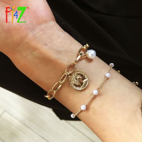 

f.j4z 2019 hit-hop gold chain women bracelets simulated pearl beaded heart coin cross charms bangle bracelets gifts dropship, Golden;silver