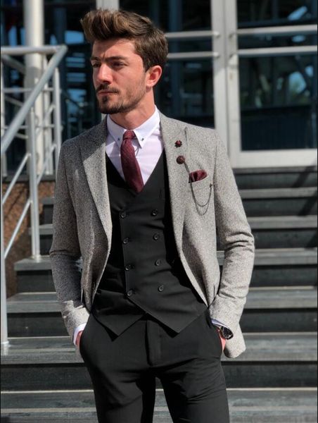 

2019 men suits costume homme terno masculino wedding suits for men trajes de hombre tweed jacket with black pant vest 3 piece, White;black