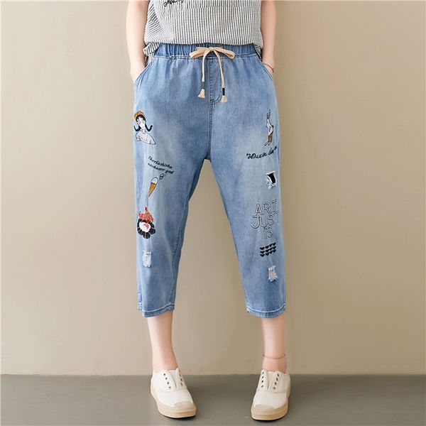 

women jeans denim straight pants bottom trousers big looseembroidery cartoon retro fashion casual for spring summer bo25221639, Blue