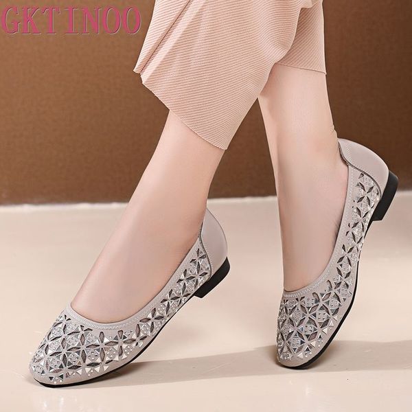 

gktinoo spring summer shoes women flats genuine leather rhinestone hollow out comfort ladies sandals flat shoes big size 34-43, Black
