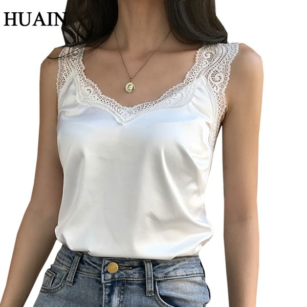 

white women tank lace satin casual summer tank 2019 solid color female shirt tee sleeveless shirt vest women clothing