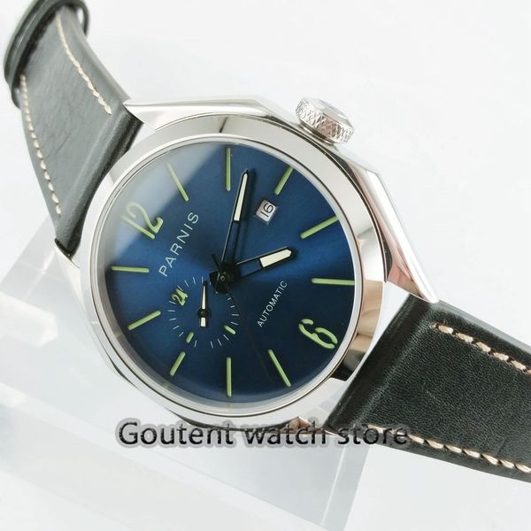 

43mm 21 jewels miyota 821a automatic blue dial sapphire glass miyota 821a automatic luminous hands men's watch, Slivery;brown