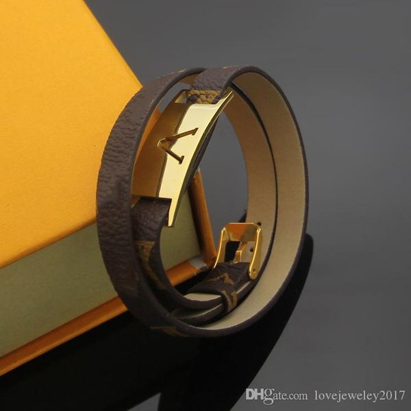 

luxury designer jewelry women bracelets double layer leather bracelet with gold logo tag designer flower pattern men pulsera fine jewelry, Golden;silver