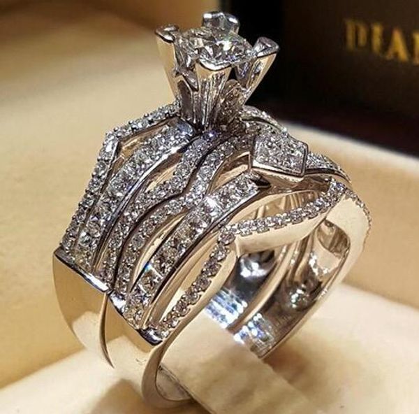 2Pcs Bagues de fiançailles Zircone Bijoux Plaqué Argent Femmes Mariage Bande Bague