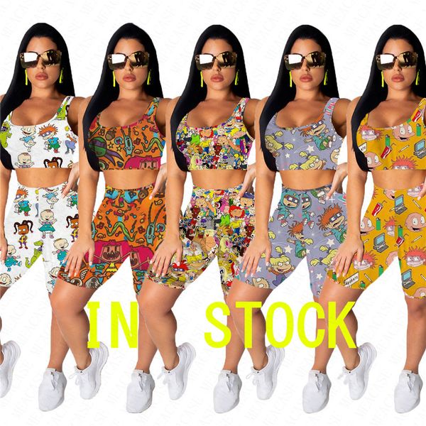 

biker shorts set woman cartoon print two piece set tracksuit 2020 summer outfits o neck crop t-shirt short pants sports suit d62912, Blue