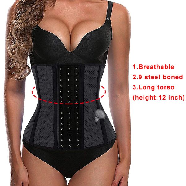 

boned steel womens latex 9 mesh waist trainer corset long torso weight loss 3 hook hourglass body shaper underbust slimming belt