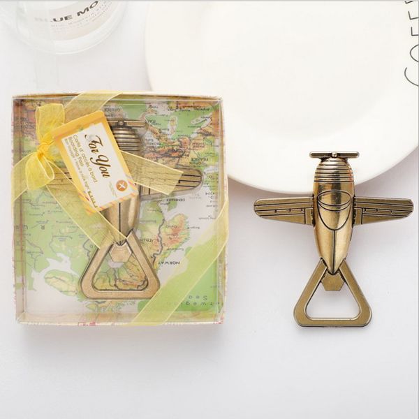 50pcs Destination Wedding Favors Vintage Gold Airplane Bottle abridor com caixa de presente Pacotes Travel Theme Solid Metal Plane Beer Abrters