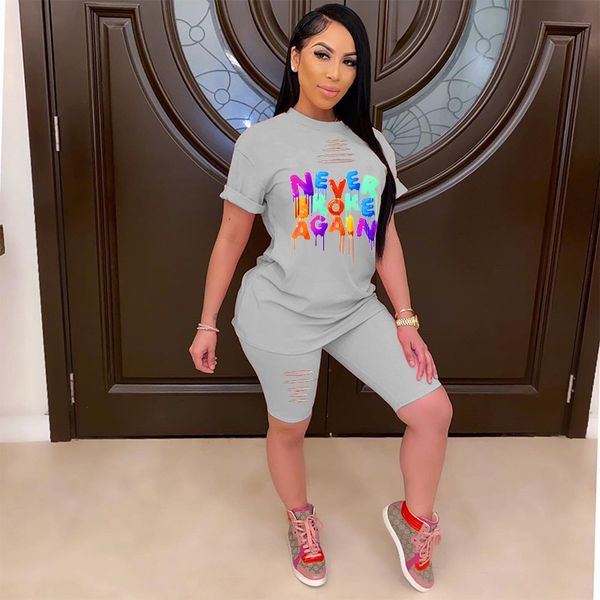 

funny letter print o neck short sleeve t-shirt and casual femme hole knee-length pants streetwear women suit female outfits, White