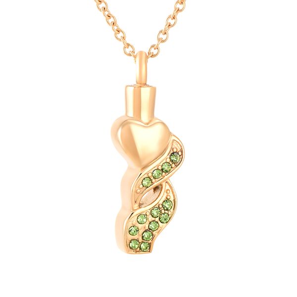 

ijd9841 gold heart shaped green crystal stainless steel cremation keepsake pendant for ashes urn funeral memorial souvenir jewelry, Silver