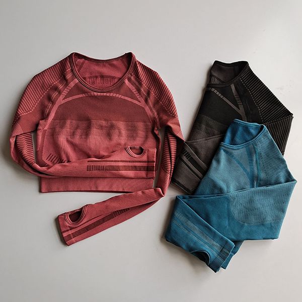 

2020 new women seamless yoga shirts long sleeve crop with thumb hole running fitness workout shirts gym clothing, White;red