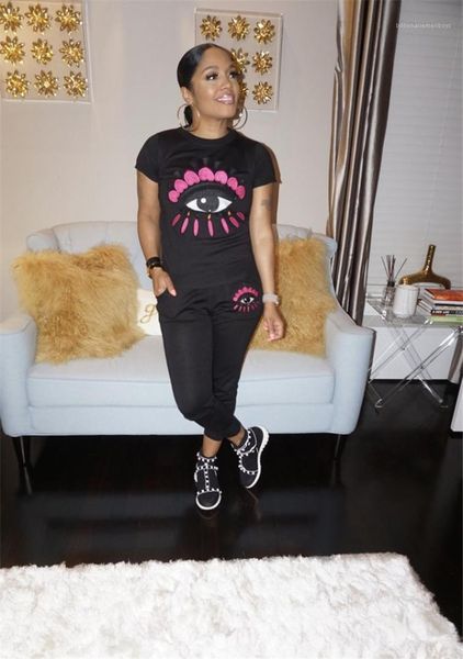 

casual suits 2pcs pants solid color clothing shorts shirt long pants sects fashion apparel women eyes print, White