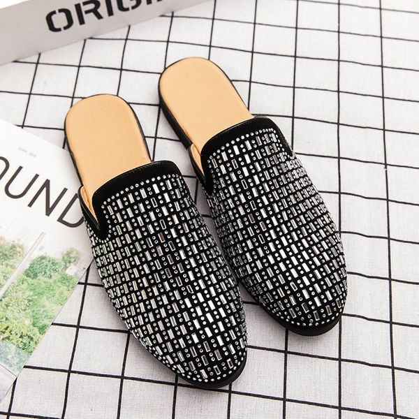 

men's slipper 2019 new fashion rhinestone upper comfortable male slides indoor outside bling bling flat shoes gentleman, Black