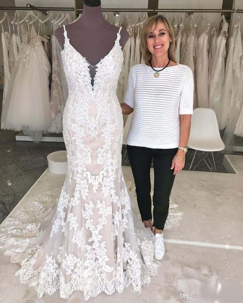 

real pictures lace mermaid wedding dresses spaghetti straps v neck backless appliqued floor length wedding dress bridal gowns plus size, White
