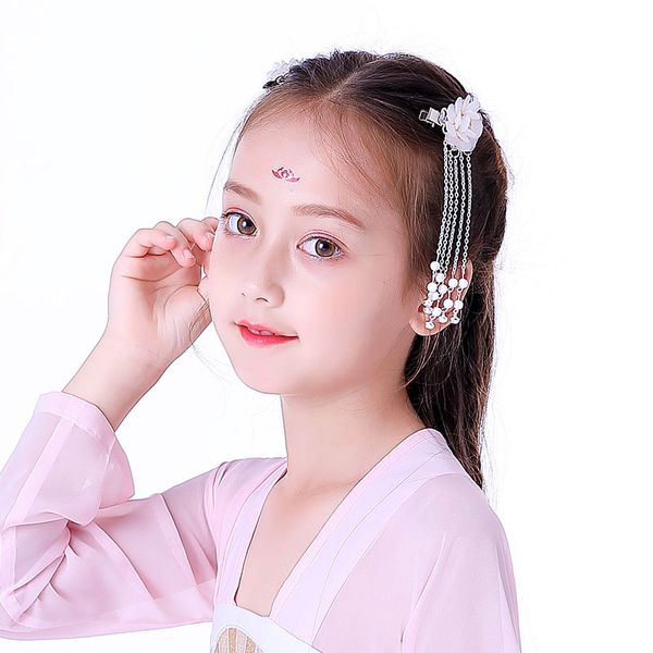 

hanfu headdress, children's super fairy girl's chinese style hair ornament, ancient costume, tassel, ancient hairpin, st, Slivery;white