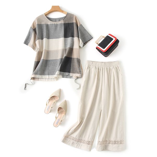 

new summer cotton linen women's sets blouse + wide leg pants elastic waist casual loose two piece set plus size, White