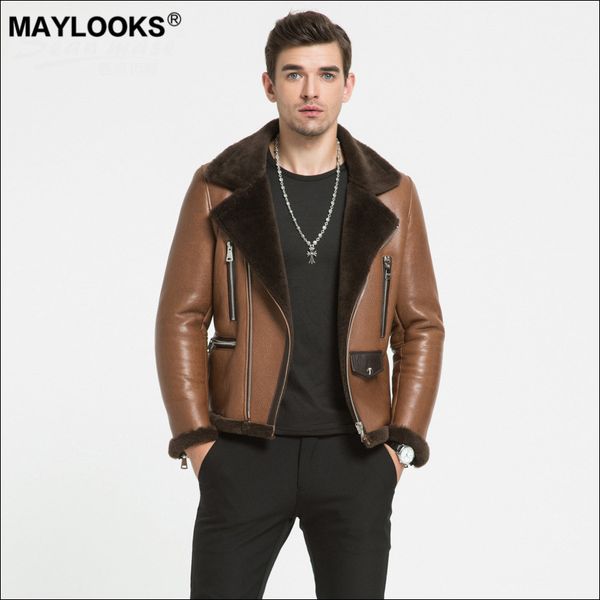 

maylooks 2019 autumn and winter new eco skin and fur sheep skin men's leather clothing motorcycle fashion fashion male ws94, Black