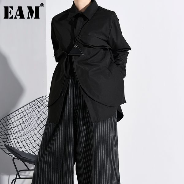 

eam] women black three-dimensional split big size blouse new lapel long sleeve loose fit shirt fashion spring autumn 2020 a554, White