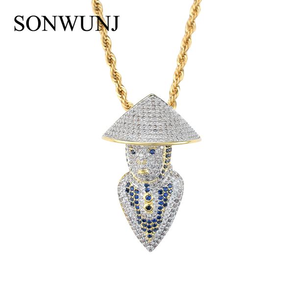 

Bling bling Hip Hop Chinese old fisherman Pendant Copper Micro pave with CZ stones Necklace Jewelry for men CN032