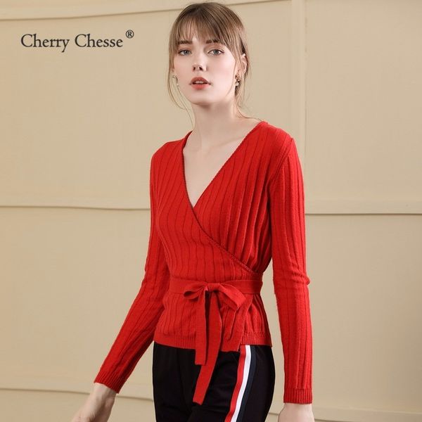 

cherry chesse office lady women knitted sweater v neck lace up sash female autumn sweater, White;black