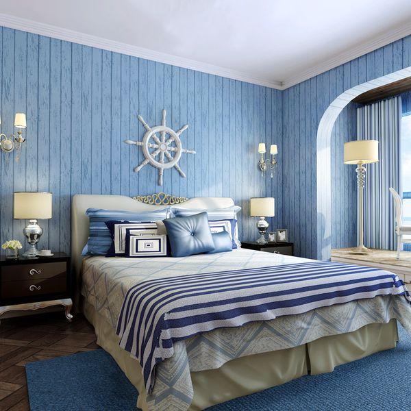 

non-woven blue wood grain wallpaper mediterranean style vertical stripes living room bedroom children room tv background wall