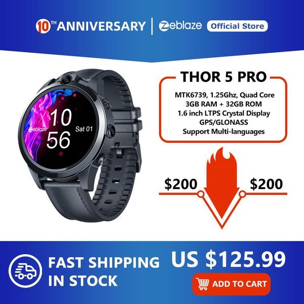 

бесплатные кожаные ремешки+наушники tws] новый флагманский zeblaze thor 5 pro керамический ободок 3gb+32gb dual camera face unlock smart wa