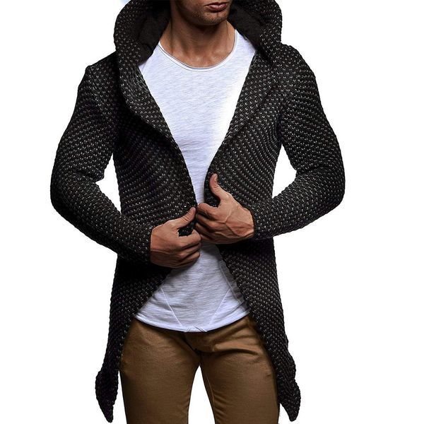 

men's hooded knit cardigan coat new autumn leisure solid color trench cardigan sleeve solid outwear open stitch overcoat hooded, White;black