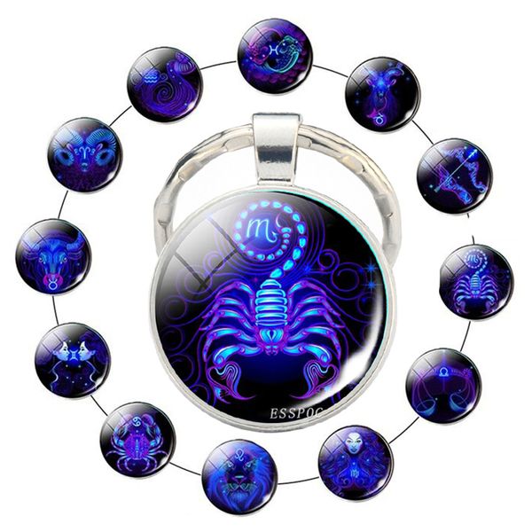 

12 zodiac sign scorpion lion glass metal keychain women men couples keychain car key holder rings fashion astrology gifts, Silver