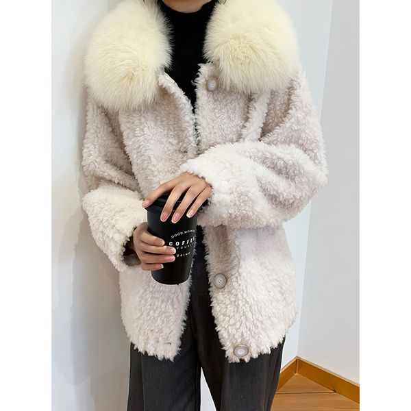 

real fur coat female autumn winter fur collar sheep shearing jacket women korean elegant ladies 100% wool coats 19503, Black