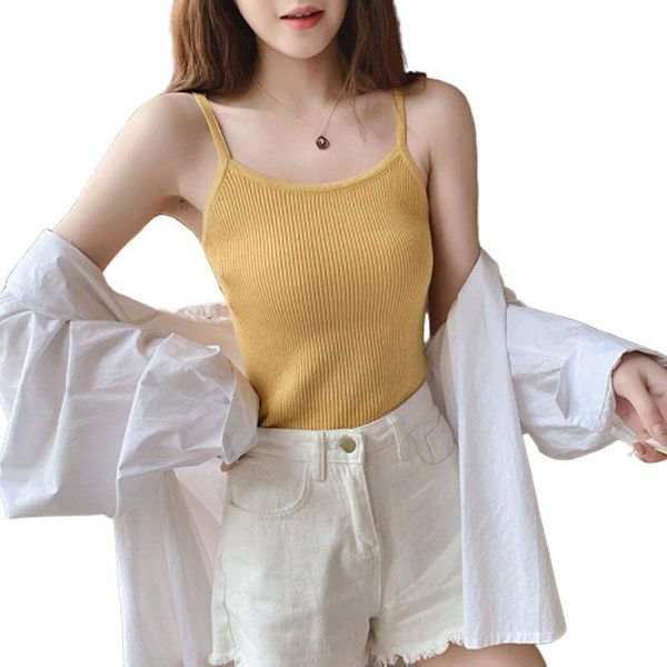 

women's tanks & camis women knitted crop sleeveless cropped vest slim sling tank v-neck plain camisole high elastic, White