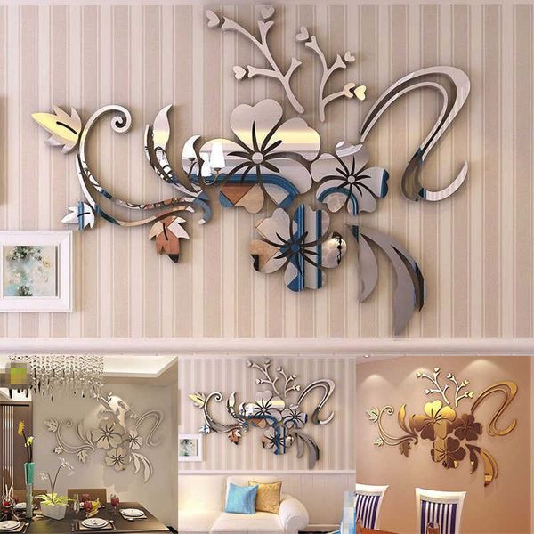 

1set 3d mirror floral art removable wall sticker silver 40x60 acrylic mural decal easy to install tv setting wall diy decor f331