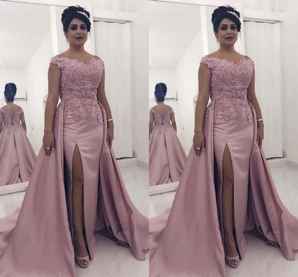 

blush pink sheath evening dresses with overskirts v neck lace applique sweep train high side split red carpet runway celebrity dresses robe, Black;red