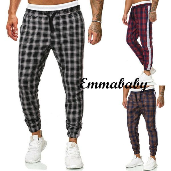 

2020 autumn men casual skinny jogging joggers slim fit tracksuit sport sweat plaid pants sweat pants trousers, Black