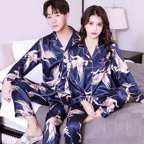 

women's sleepwear summer couple pajamas female korean version of autumn silk long-sleeved men's spring and ice, Black;red