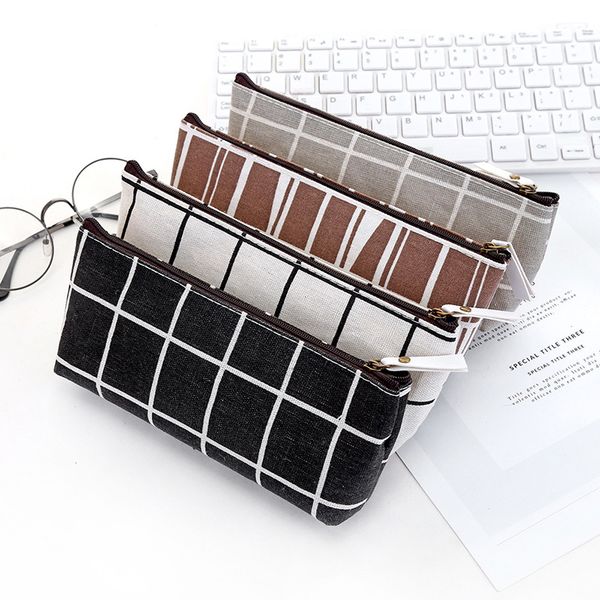 

canvas geometric pencil case for girls boys school simple striped grid solid color cute kawaii pencil bag pouch office students supplies