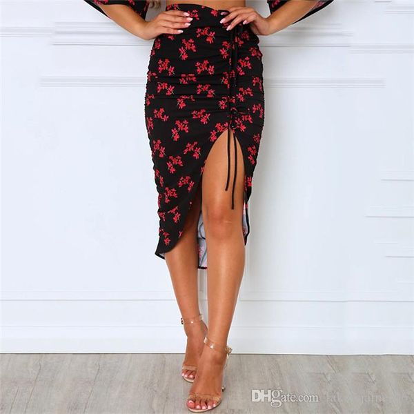 

womens designer summer new floral skirt fashionable high split irregular beveled chiffon skirt, Black