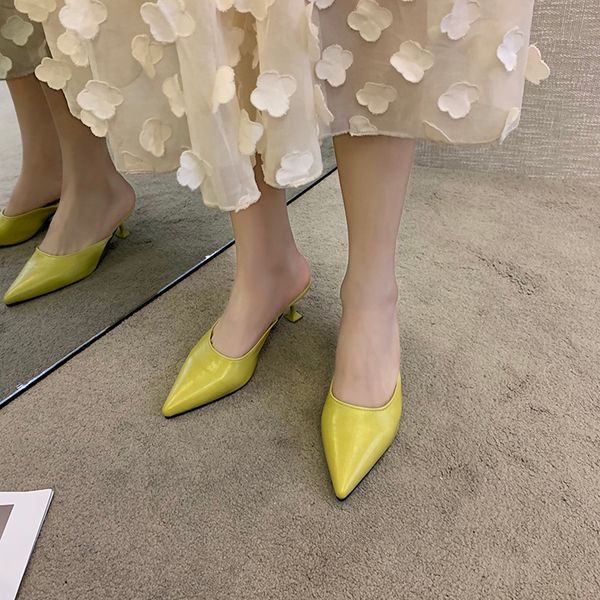 

high heel pu leather mules shoes women pointed toe slippers summer fashion closed toe stiletto heel slippers sandals women, Black